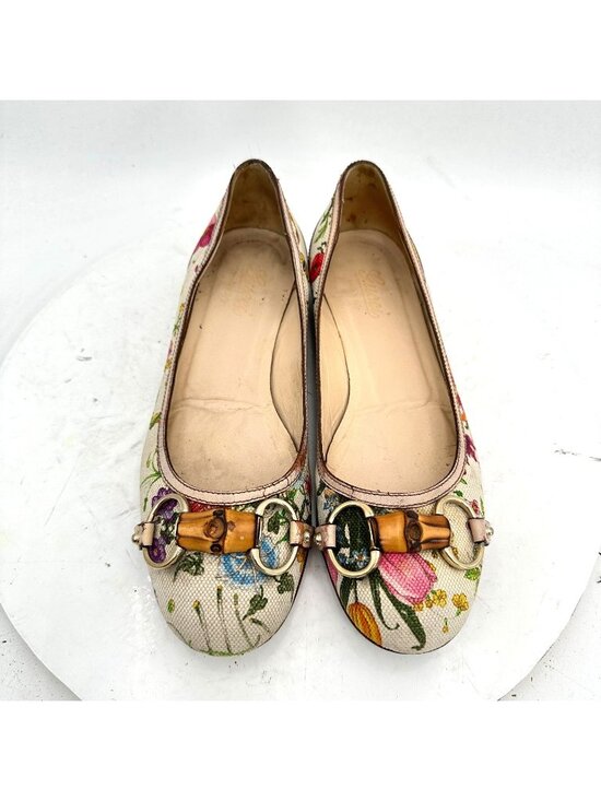 Gucci Shoes - Gucci Women Size 6.5B Flora canvas ballet Leather Bamboo horsebit Flat Shoes